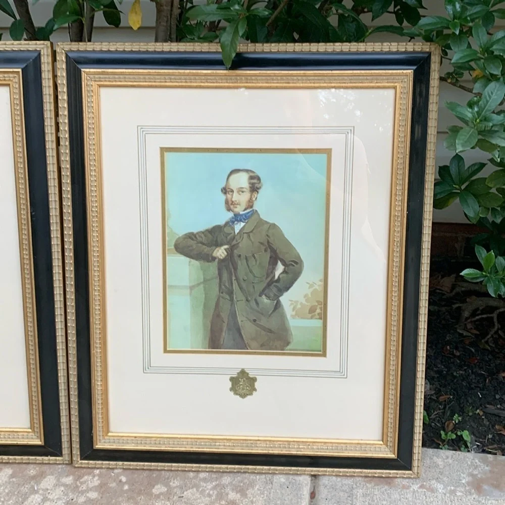 Antique Framed Art Print Portraits set of 2 women men Victorian gold leaf black‎